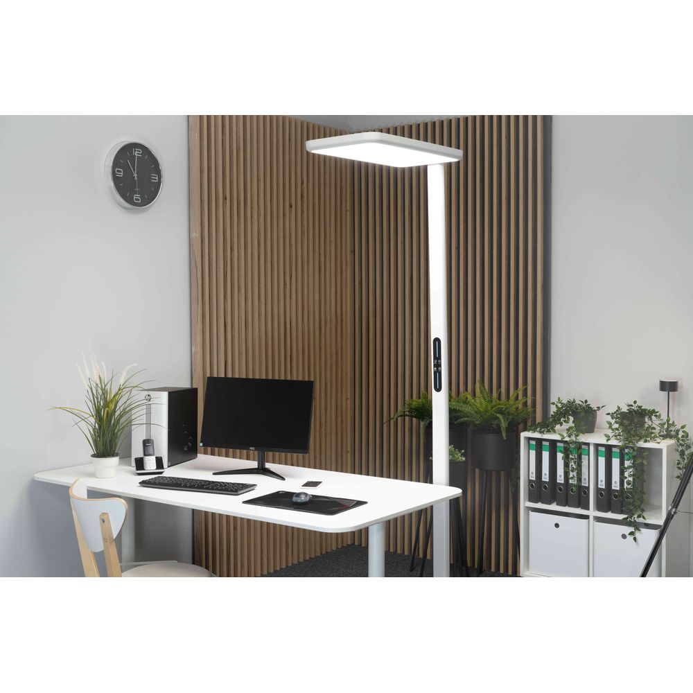 Moderne Büroinrichtung mit weißem Schreibtisch, Computer, Pflanzen, Aktenregal und eleganter, weißer Stehlampe.