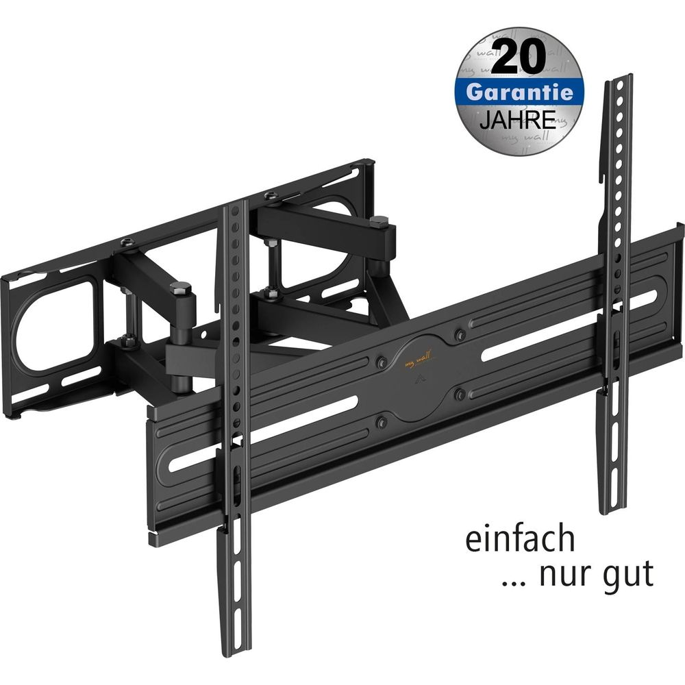 Schwarze, robuste TV-Wandhalterung mit Schwenkarm, 20 Jahre Garantie und Slogan.