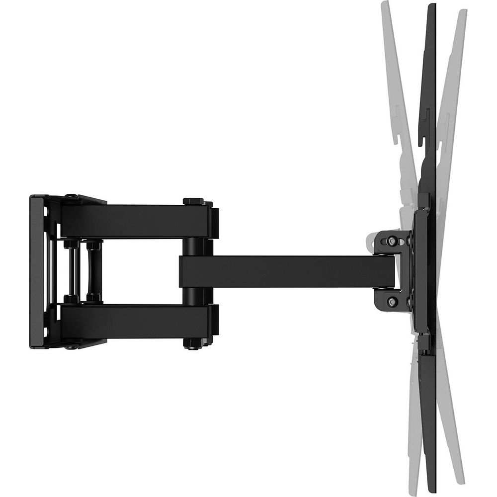 Eine schwarze TV-Wandhalterung mit verstellbarem Arm und Neigefunktion vor weißem Hintergrund.
