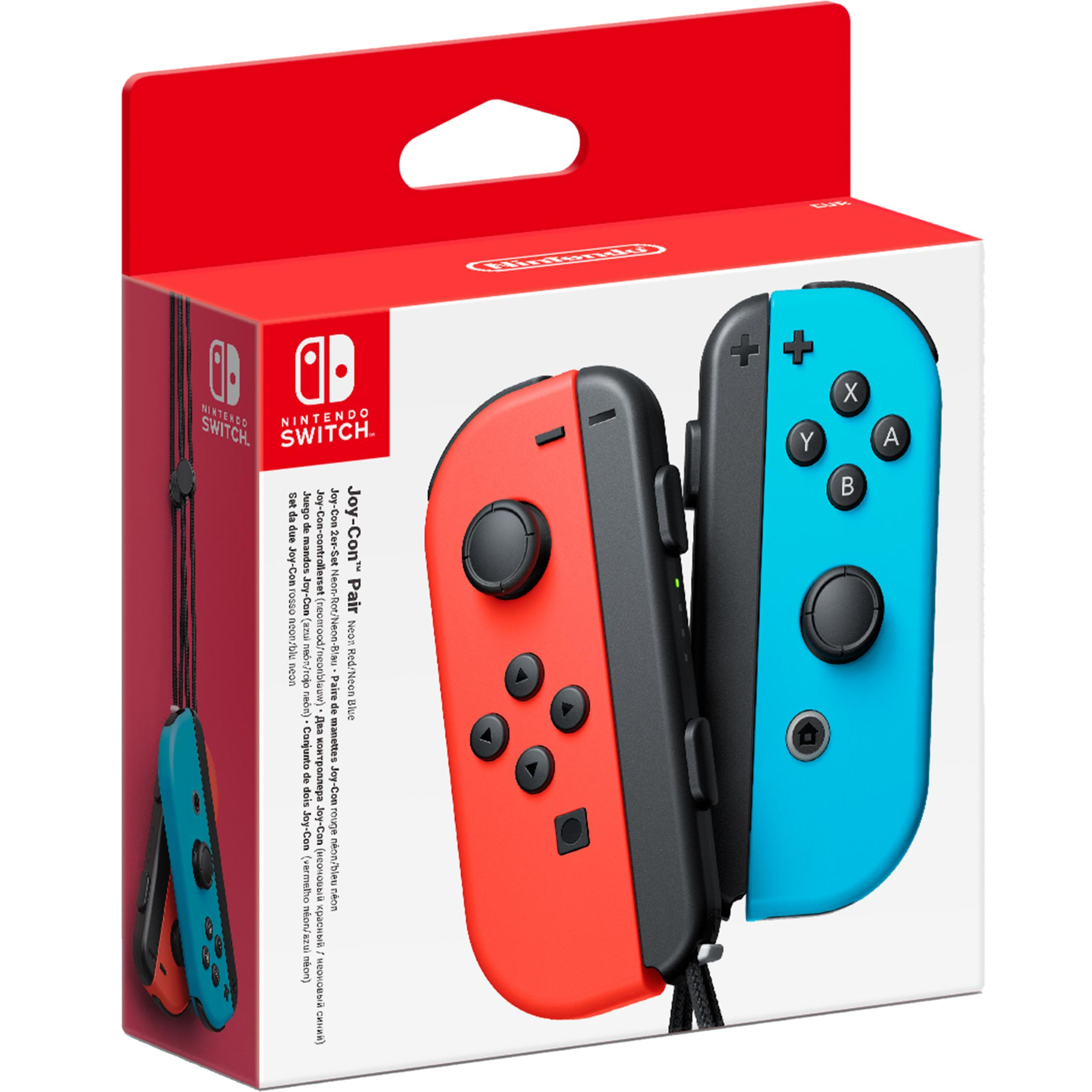 Nintendo Switch Joy-Con Paar in Neon-Rot und Neon-Blau in der ungeöffneten Produktverpackung.