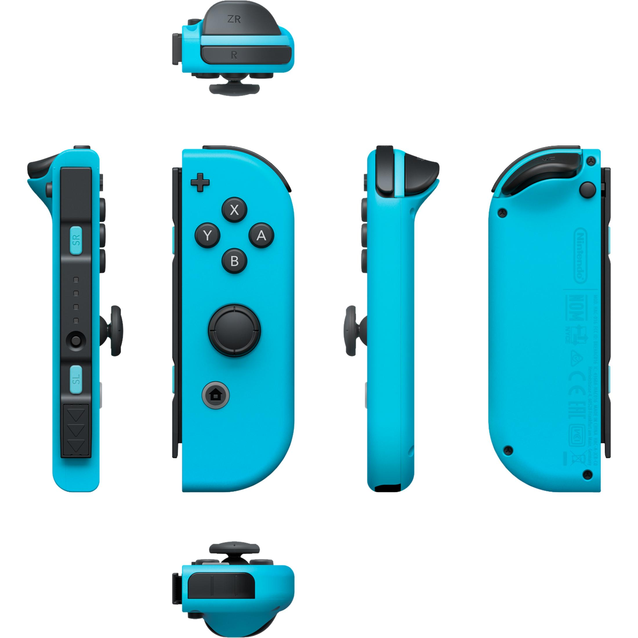 Sechs Ansichten eines neonblauen Nintendo Switch Joy-Con-Controllers mit Tasten, Joystick und Schienen.