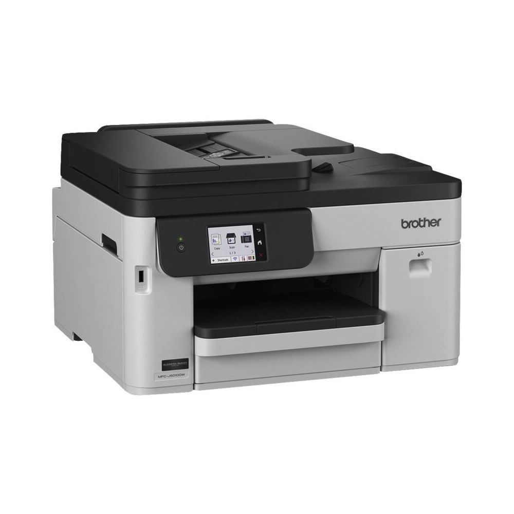 Ein weiß-schwarzer Brother-Multifunktionsdrucker steht auf einem weißen Hintergrund.