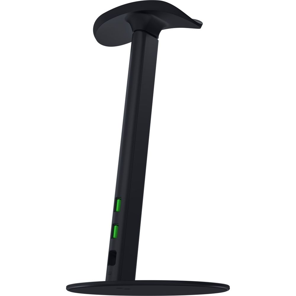 Ein schwarzer Kopfhörerständer mit runder Basis, vertikaler Säule mit zwei grünen USB-Anschlüssen und gebogenem Kopf.
