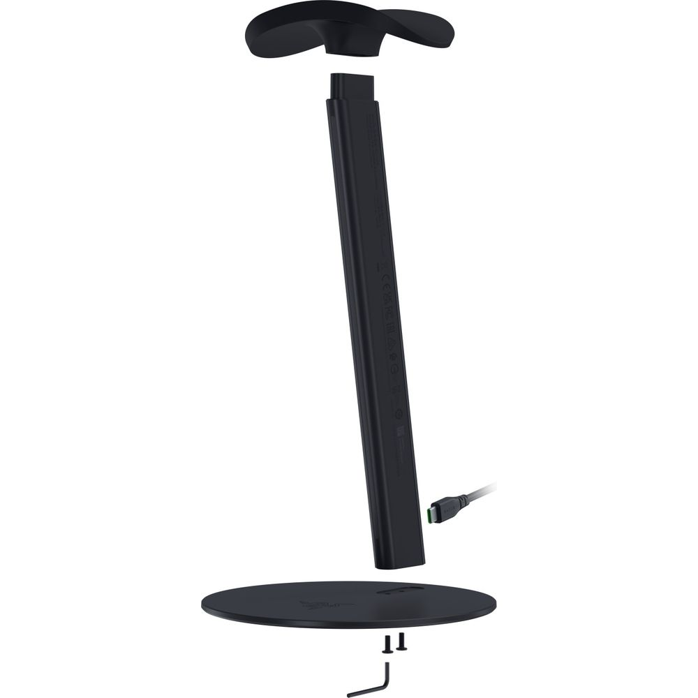 Ein schwarzer, modularer Headset-Ständer mit Basis, Säule, Kopfauflage, zwei Schrauben und Inbusschlüssel.