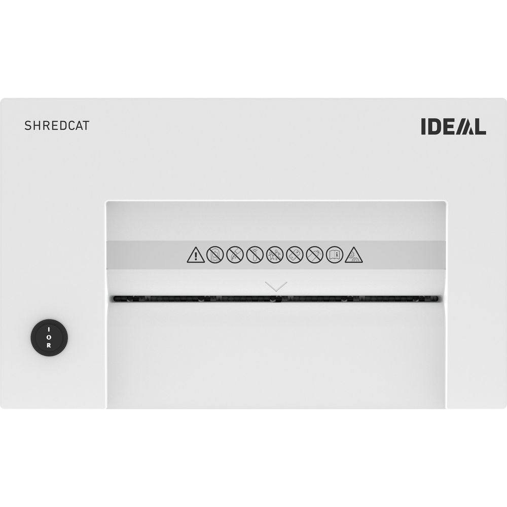 Weißer Shredcat Aktenvernichter mit IDEAL-Logo, Warnsymbolen und schwarzem Netzschalter.