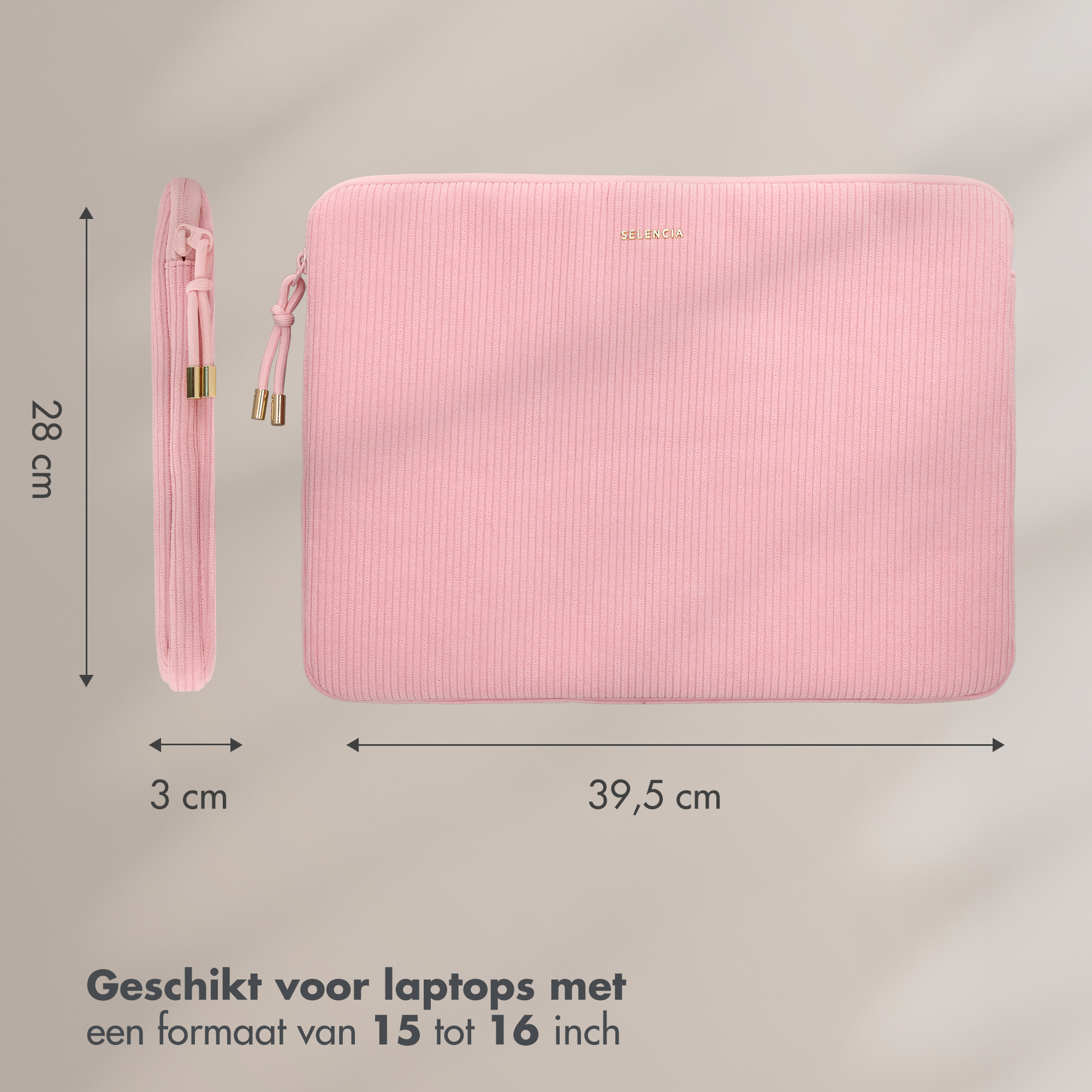 Rosa Laptop-Hülle mit den Maßen 39,5x28x3 cm, geeignet für 15 bis 16 Zoll.