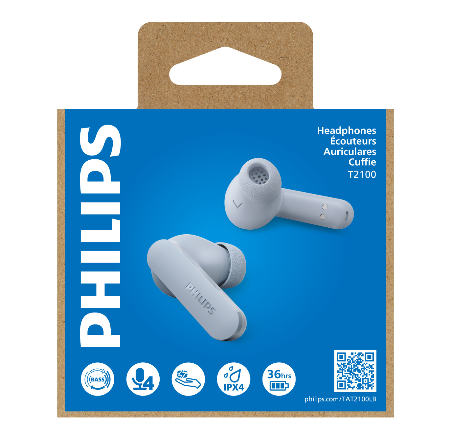 Philips T2100 In-Ear-Kopfhörer in Hellblau in einer Pappverpackung mit blauer Vorderseite und Produkticons.
