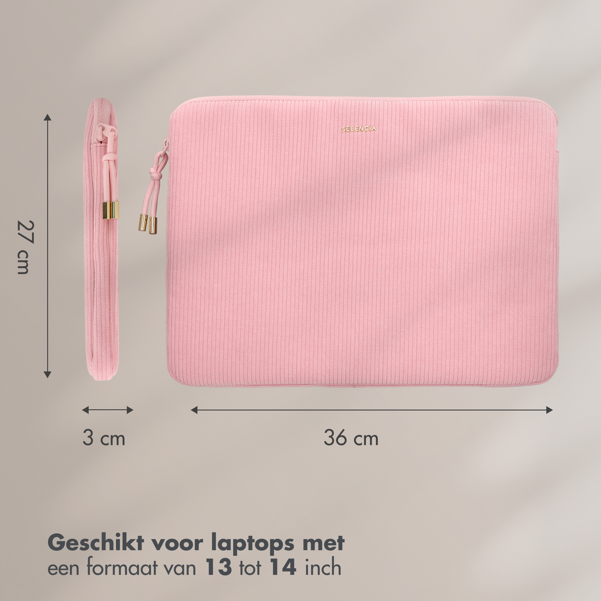 Rosa Laptop-Hülle mit den Maßen 36x27x3 cm, geeignet für 13- bis 14-Zoll-Laptops, mit goldenen Details.