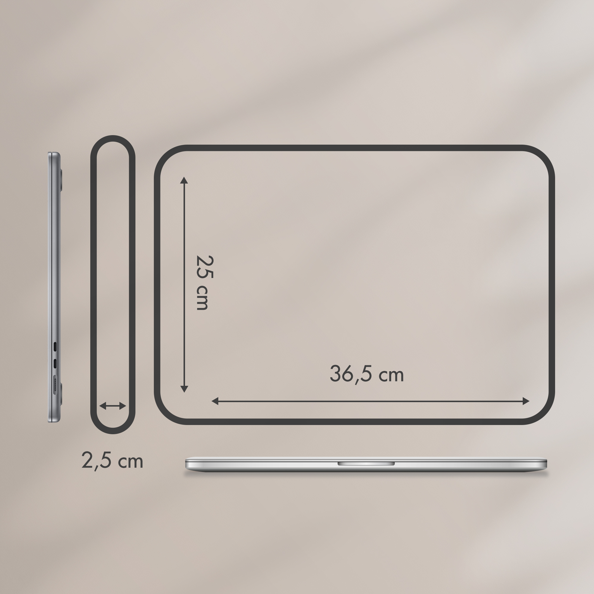 Technische Zeichnung mit Laptop-Abmessungen: 36,5 cm Breite, 25 cm Höhe und 2,5 cm Dicke.
