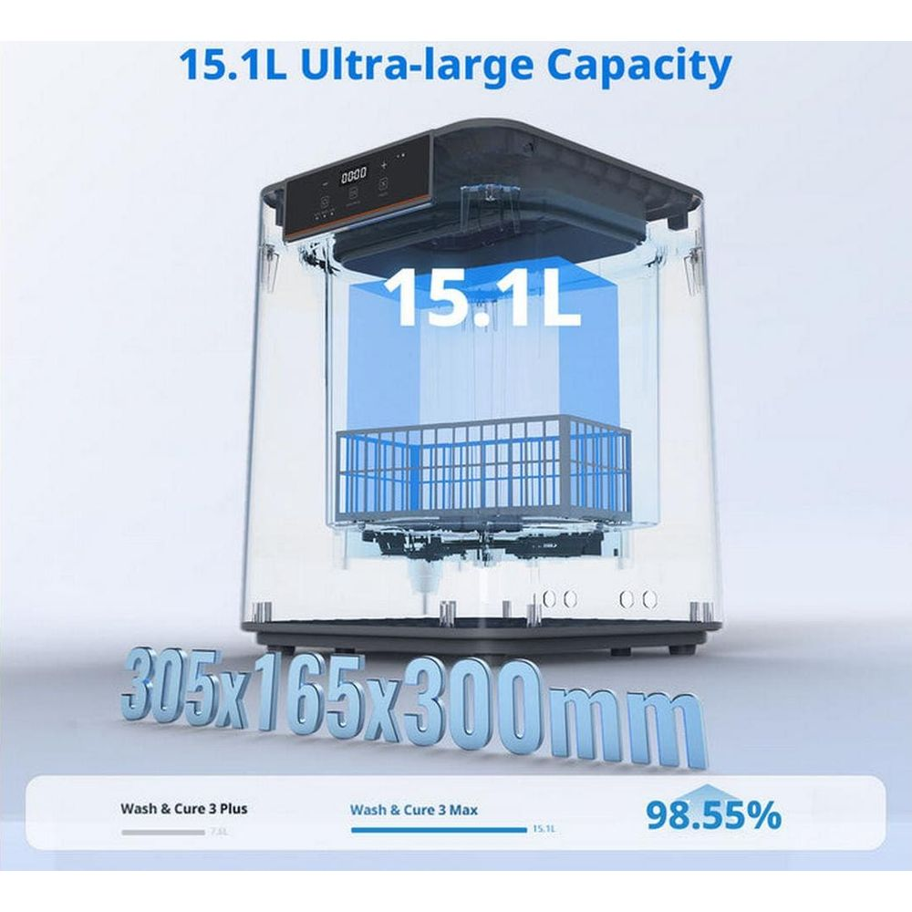 Ein 3D-Produktdiagramm zeigt eine 15,1L Wasch- und Aushärtungsmaschine mit Maßen von 305x165x300mm.