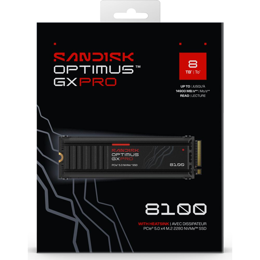 Verpackung der Sandisk Optimus GXPRO 8TB SSD mit schwarzem M.2-Laufwerk vor dunklem Hintergrund.