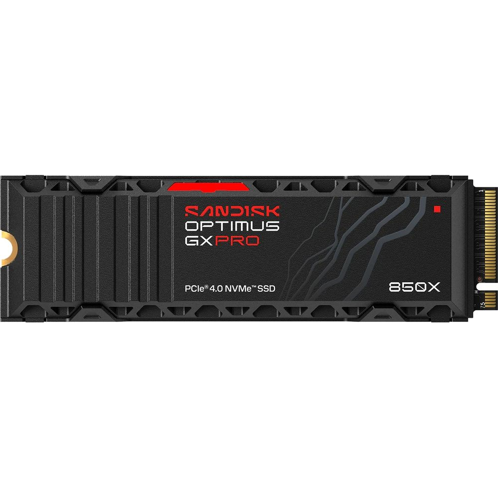 Schwarze Sandisk Optimus GXPRO PCIe 4.0 NVMe SSD mit Kühlkörper und roten Akzenten.