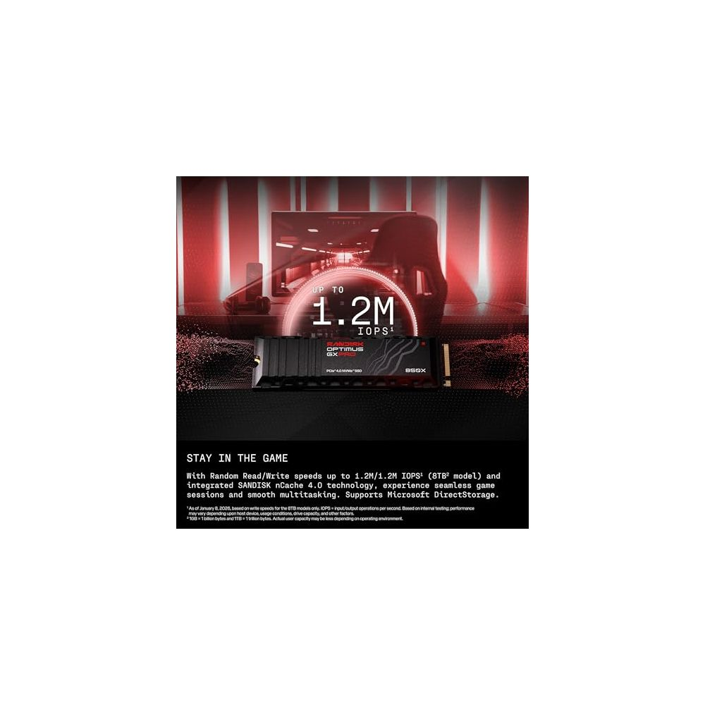 Eine SSD mit der Aufschrift SANDISK Optimus GX PRO vor einem rot beleuchteten Gaming-Hintergrund.