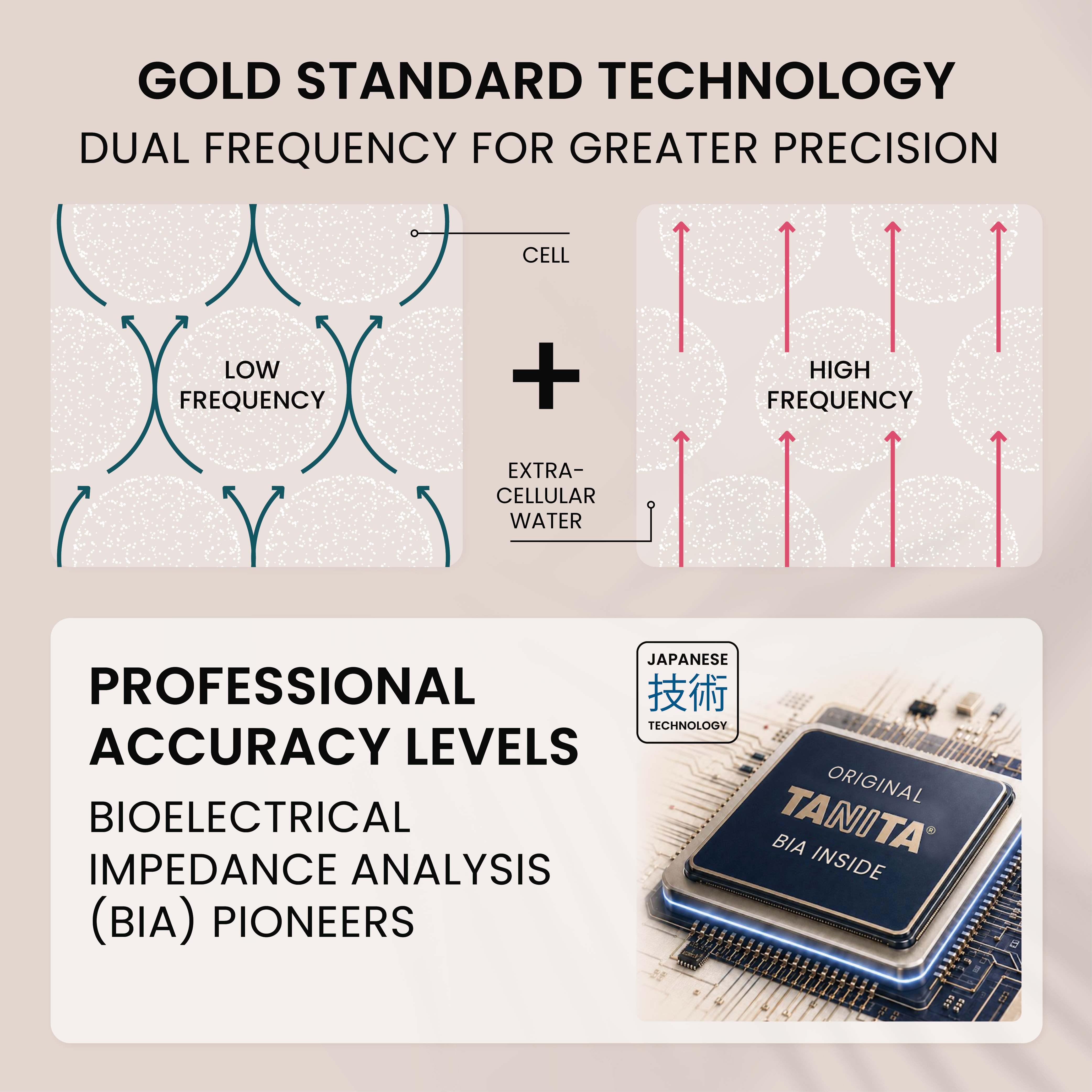 Infografica che mostra la tecnologia a doppia frequenza e il chip Tanita.