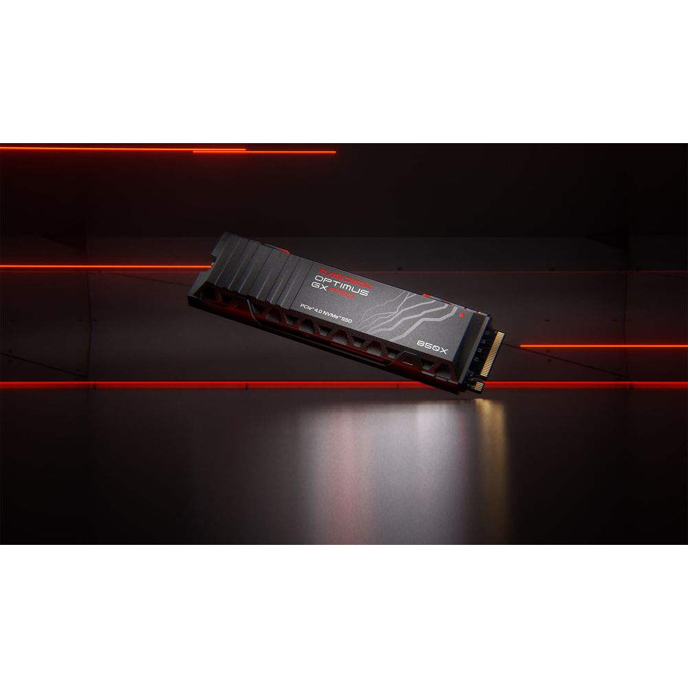 Eine schwarze SSD mit rotem Text und Heatsink schwebt in einem dunklen Raum mit roten Neonlinien.
