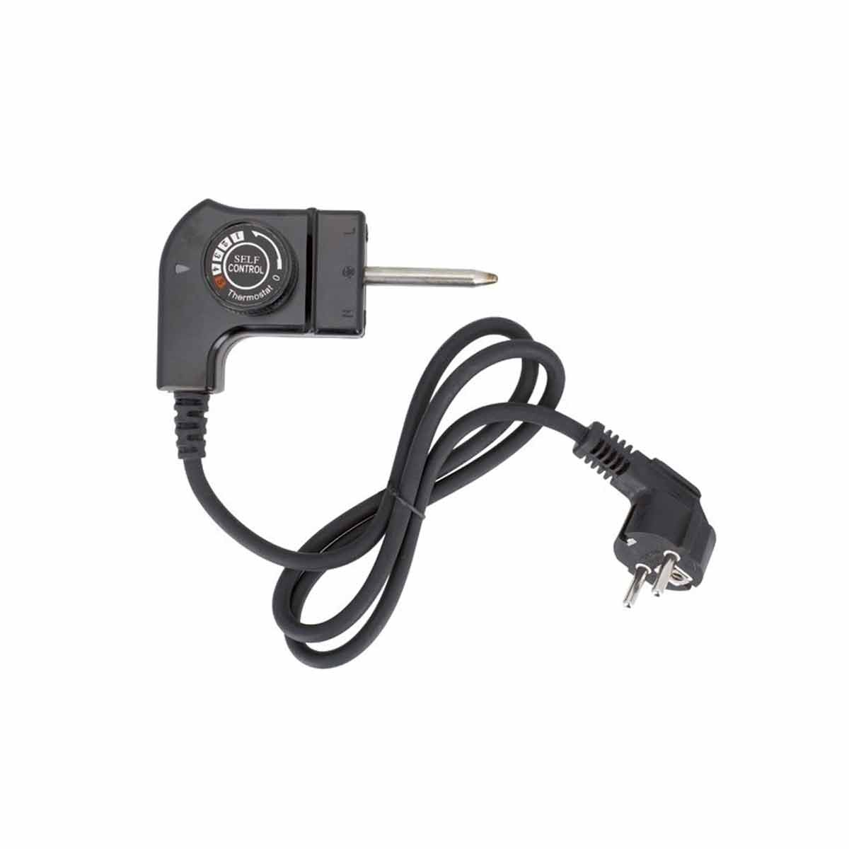 Termostato eléctrico negro con dial de temperatura, cable largo y enchufe europeo conectado, aislado sobre fondo blanco.