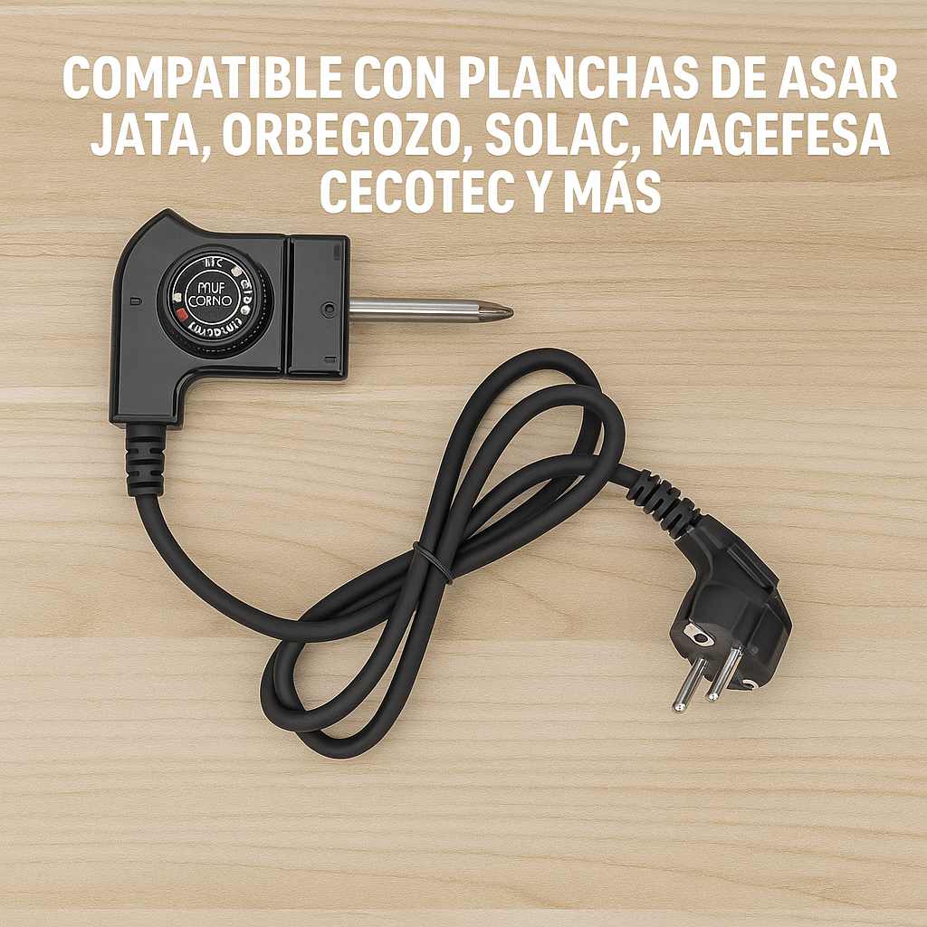 Termostato de parrilla negro con cable y enchufe sobre superficie de madera con texto en español.