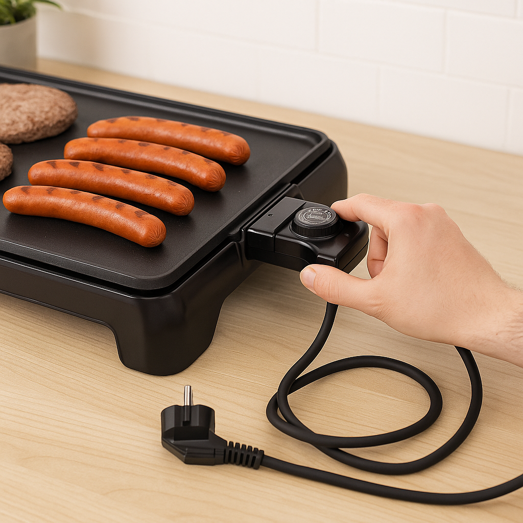Una mano ajusta el dial de temperatura en una parrilla eléctrica de mesa que cocina salchichas.