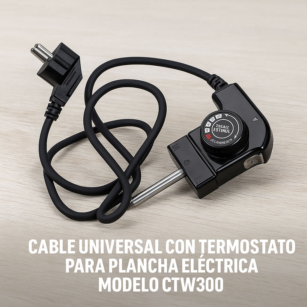 Cable termostato negro para plancha eléctrica con enchufe y sonda sobre superficie de madera clara.