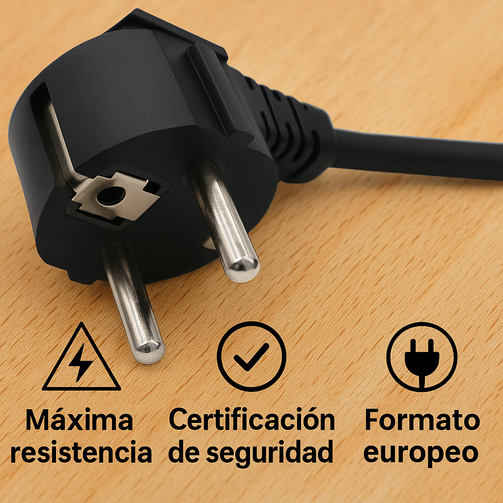 Enchufe europeo negro sobre superficie de madera con tres iconos y texto.
