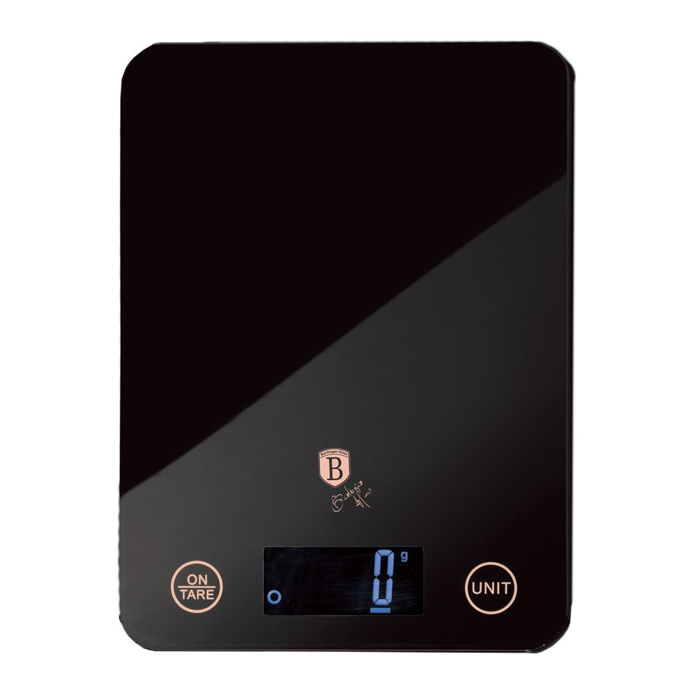Eine schwarze digitale Küchenwaage mit roségoldenen Akzenten und einem kleinen Display, das Null Gramm anzeigt.