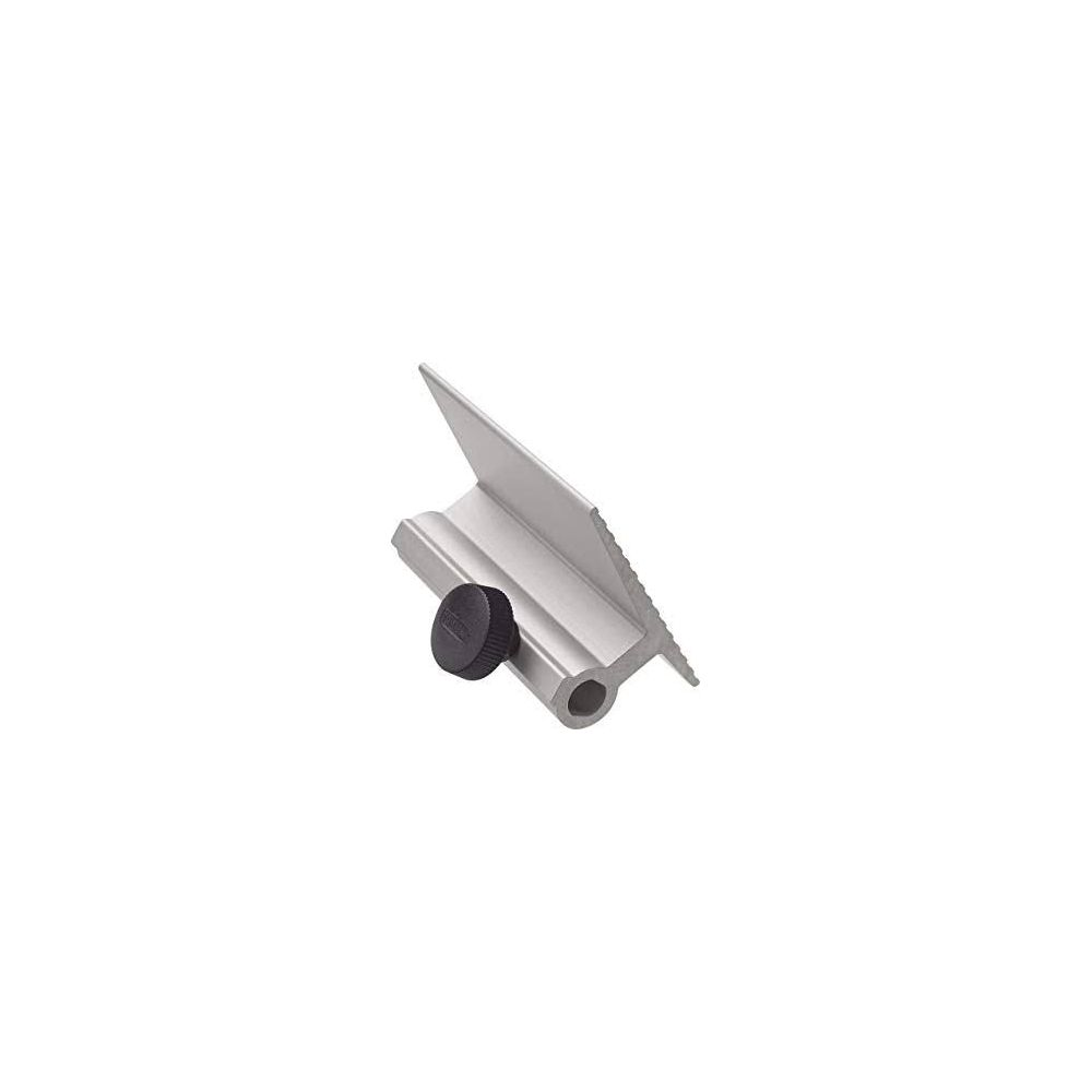 Ein silbernes Aluminium-Montageprofil mit einem schwarzen Kunststoff-Drehknopf und geriffelter Oberfläche.