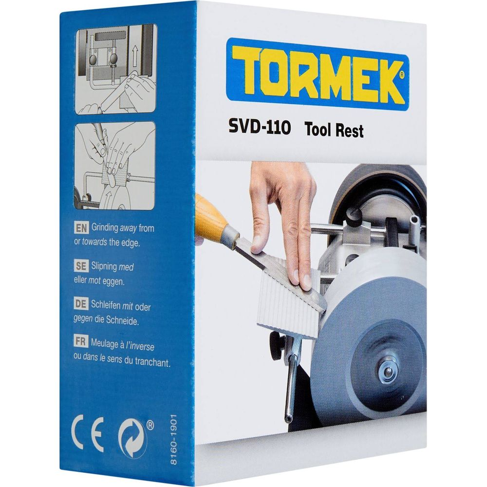 Produktverpackung der Tormek SVD-110 Werkzeugauflage mit Anleitungsbildern und der Verwendung an einer Schleifmaschine.