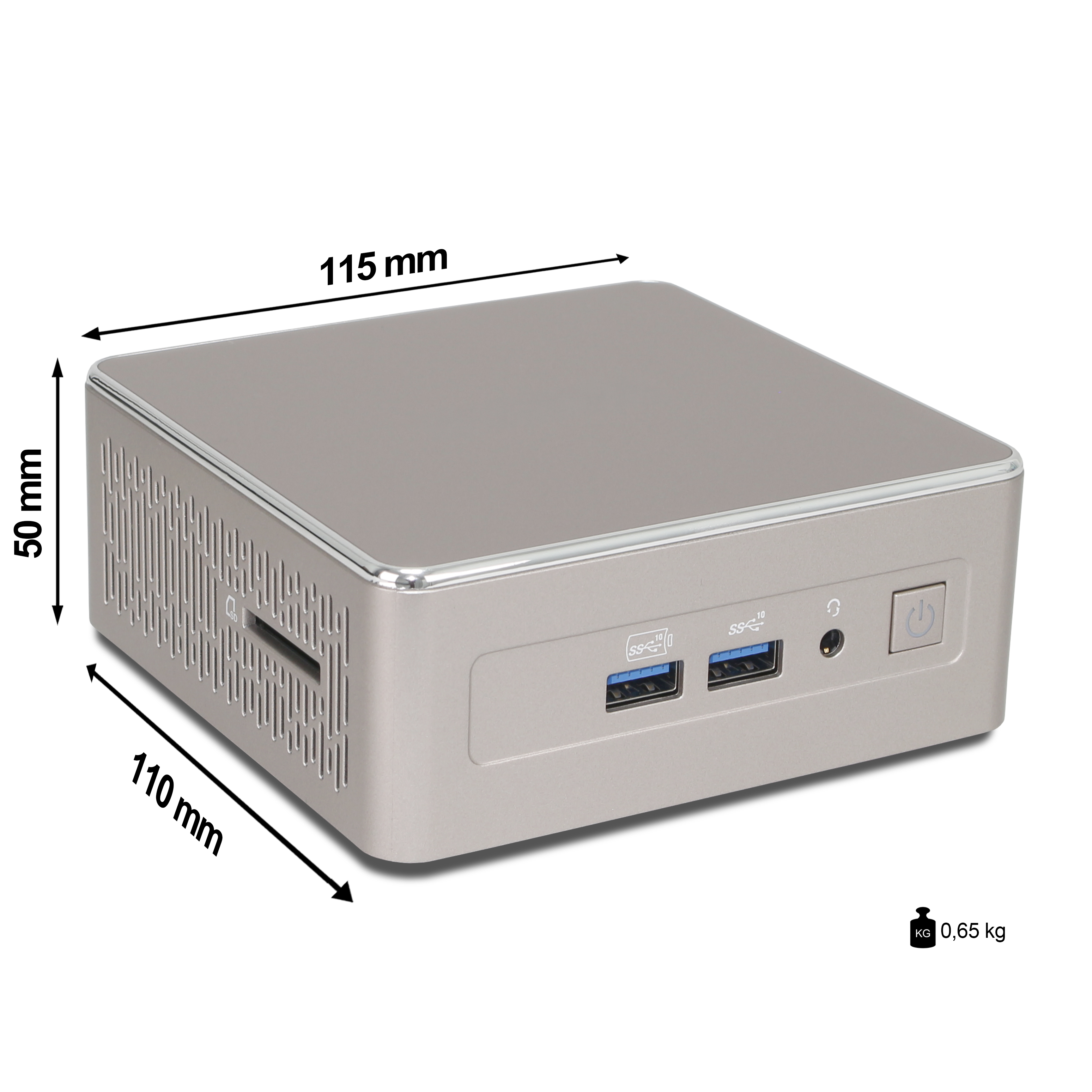 Silberner Mini-PC mit USB-Anschlüssen und Maßen 115x110x50 mm, Gewicht 0,65 kg.