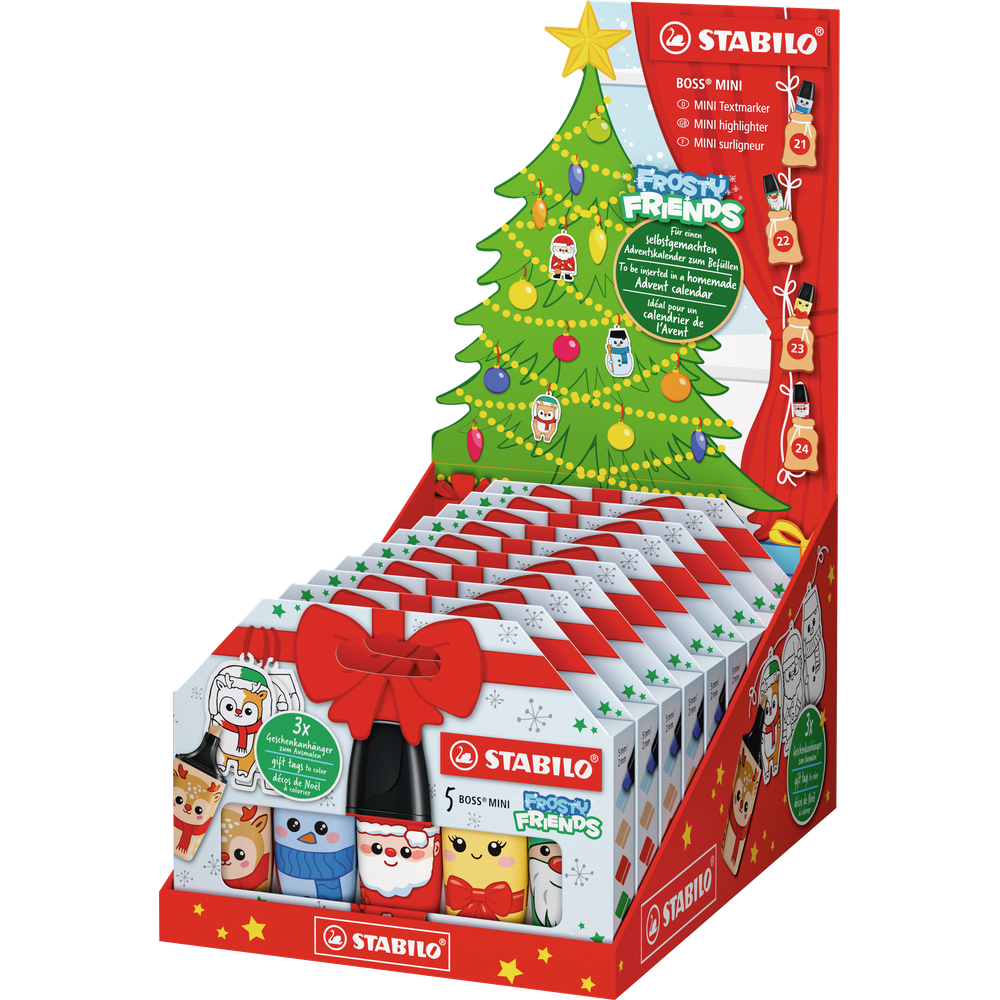 Ein rot-weißes Stabilo Frosty Friends Display mit weihnachtlich verzierten Mini-Textmarkern.