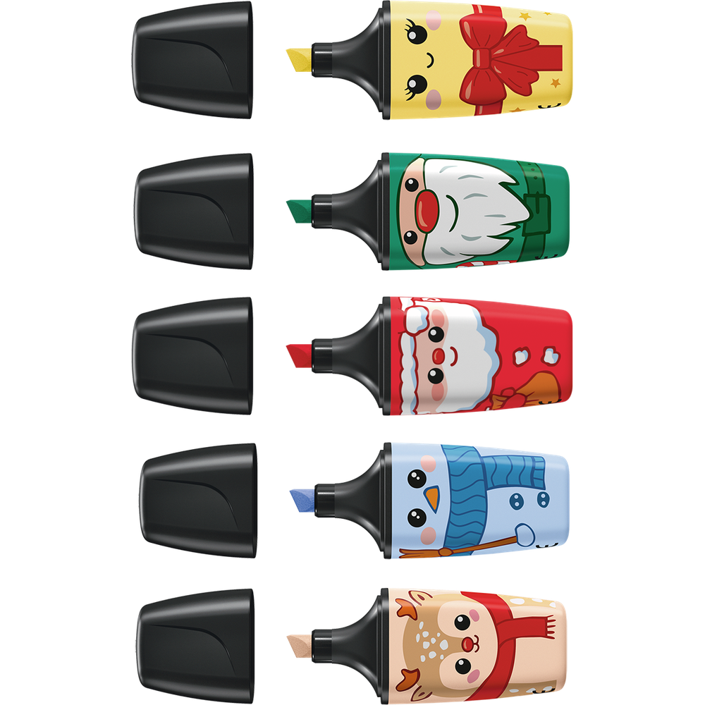 Fünf bunte Textmarker mit Weihnachtsmotiven und schwarzen Kappen vor schwarzem Hintergrund.