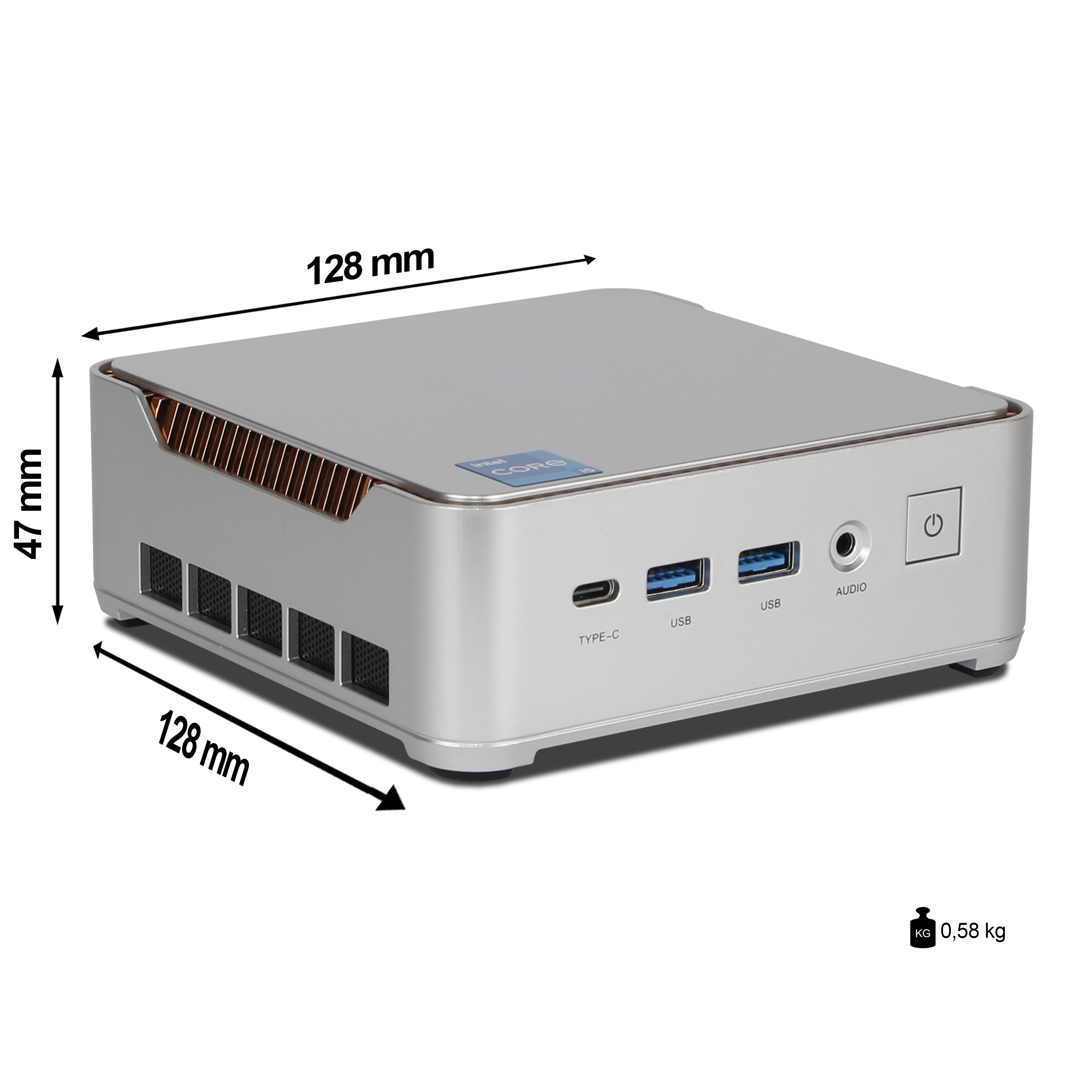Mini PC argenté compact de 128x128x47 mm avec ports frontaux et ailettes de refroidissement en cuivre.