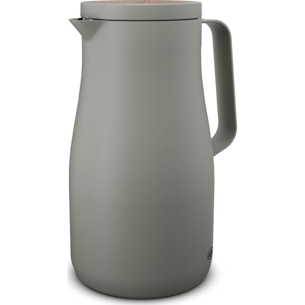 Graue Thermoskanne mit Griff und integriertem Korkdeckel auf weißem Hintergrund.