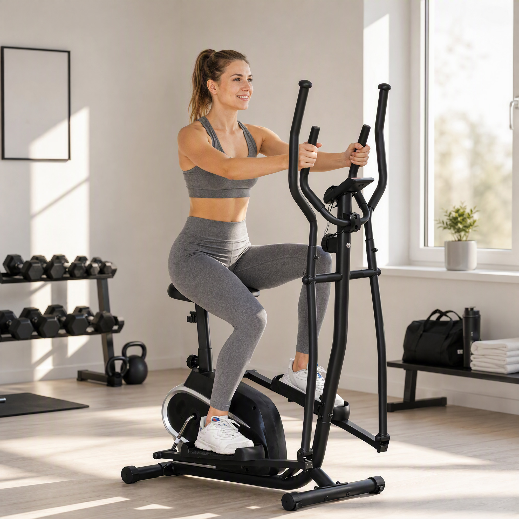 Bicicleta Elíptica - HOMCOM acero, sillín regulable, pantalla LCD, pulsómetro, volante de 3kg, 103x62x151 cm, Negro