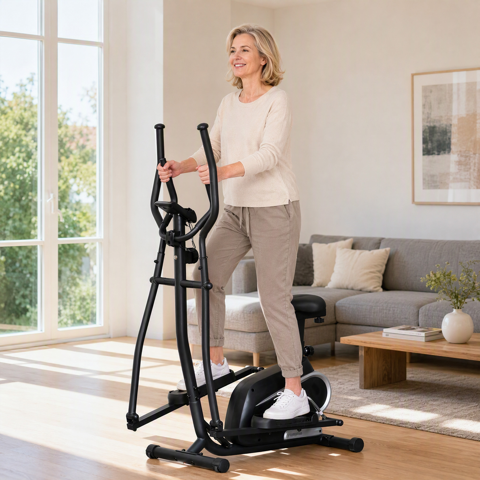 Bicicleta Elíptica - HOMCOM acero, sillín regulable, pantalla LCD, pulsómetro, volante de 3kg, 103x62x151 cm, Negro