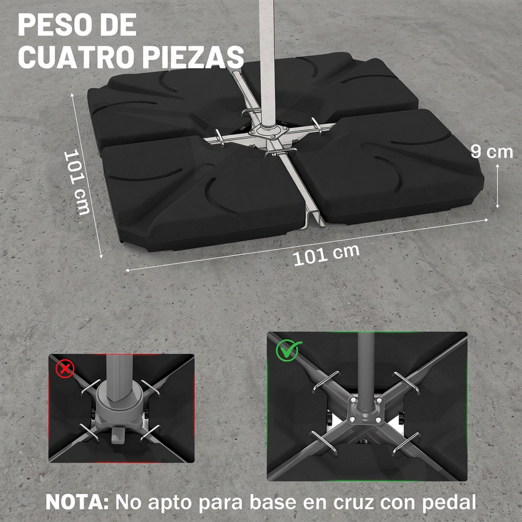 Base de sombrilla negra de cuatro piezas con medidas y dos inserciones con X roja y tic verde.