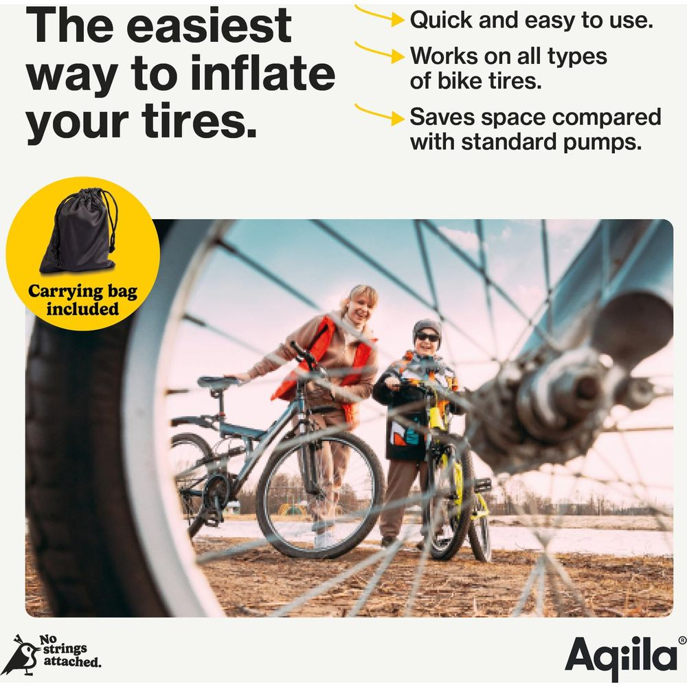 Eine Fahrradpumpe-Werbung mit Frau und Kind mit Rädern, gesehen durch ein Fahrradrad.