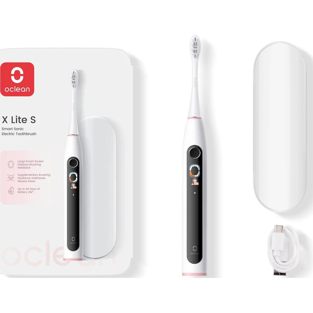 Uno spazzolino elettrico Oclean X Lite S bianco con display, custodia e cavo di ricarica accanto alla confezione.