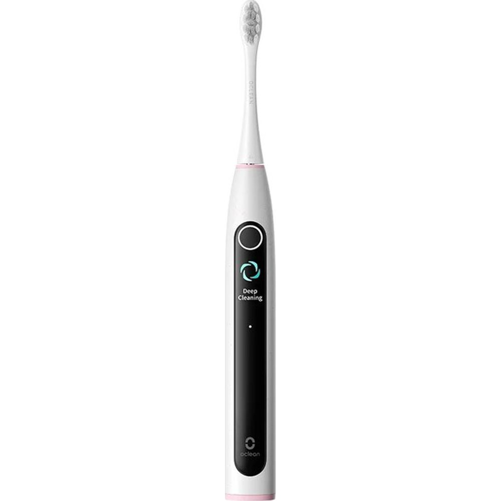 Uno spazzolino elettrico bianco con display nero e icone blu su sfondo bianco.