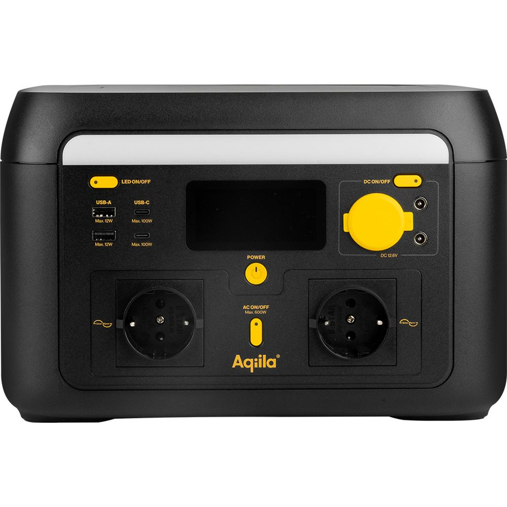 Eine schwarze mobile Powerstation mit gelben Akzenten, USB-Anschlüssen, Steckdosen und einem Display.