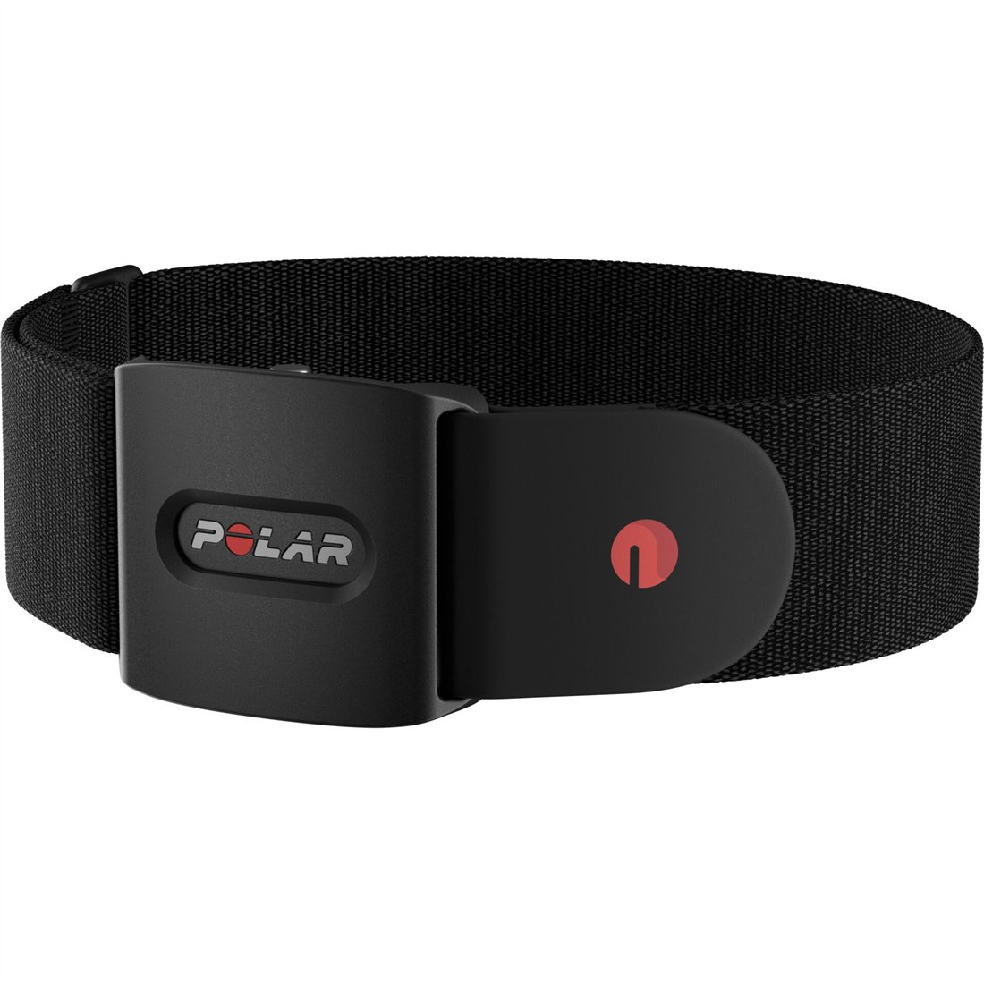 Una fascia cardio Polar nera con sensore centrale che mostra il logo Polar su sfondo bianco.