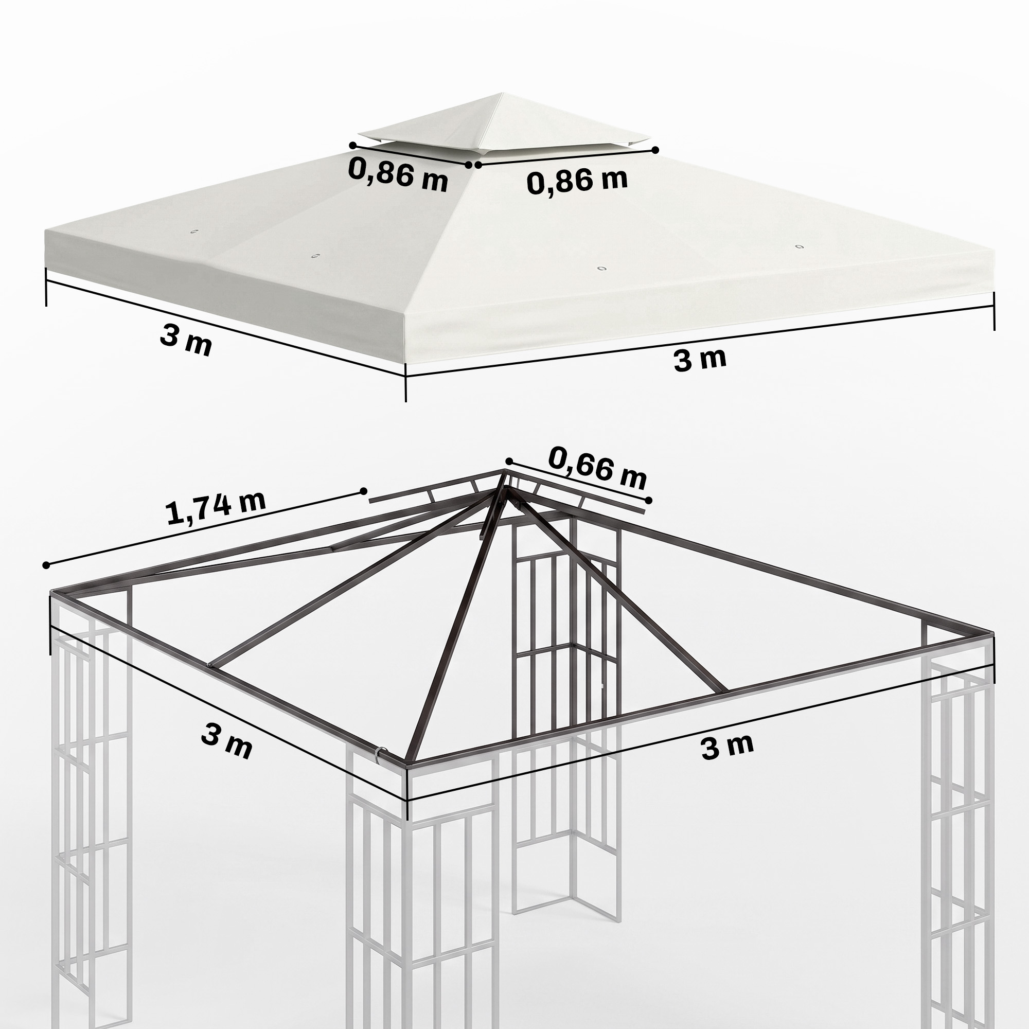 Diagrama con medidas dimensionales para un techo de cenador cuadrado y estructura metálica.