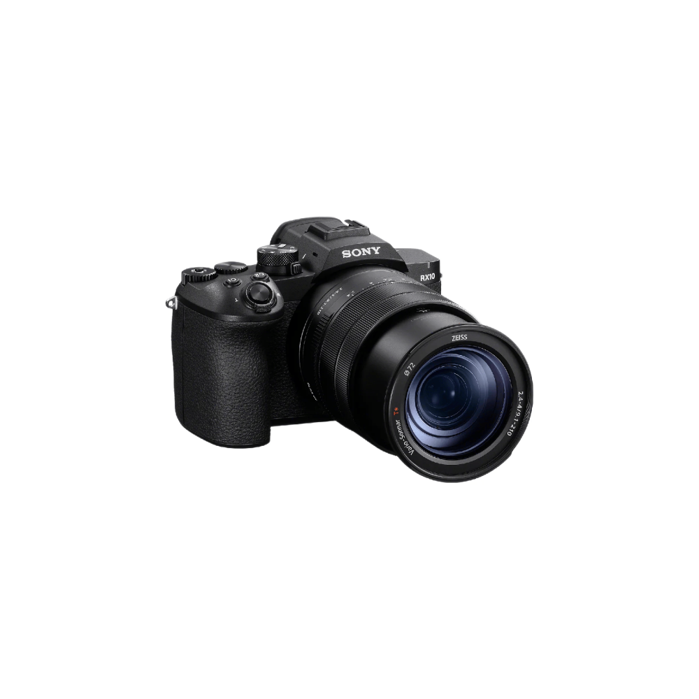 Zwarte Sony RX10-camera met een grote Zeiss-lens op een witte achtergrond.