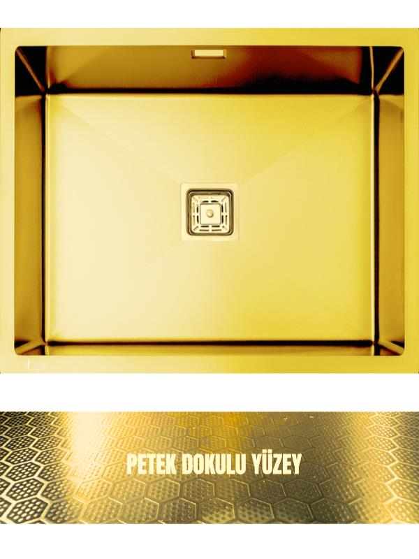 Petek dokulu yüzeye ve orta süzgece sahip altın renkli evye.