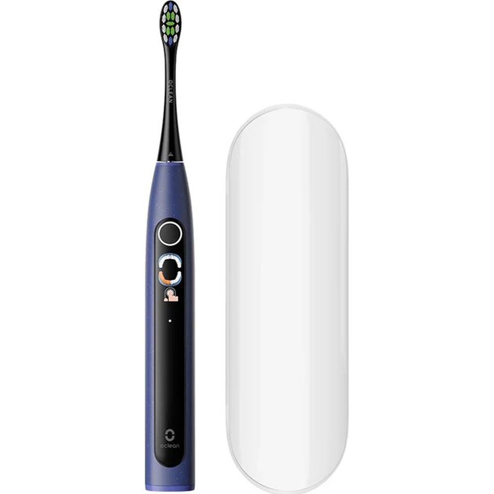 Uno spazzolino elettrico blu scuro con display digitale e custodia bianca.