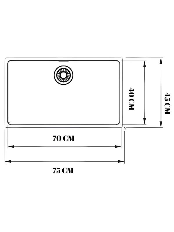 75 cm'ye 45 cm boyutlarında dikdörtgen eviyenin teknik çizimi.
