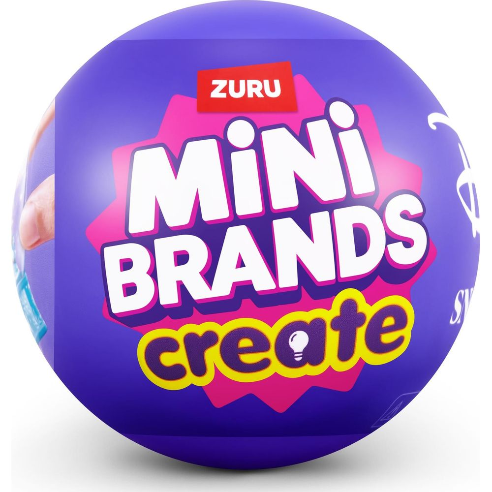 Bola morada Zuru Mini Brands Create con texto blanco y amarillo sobre fondo rosa.