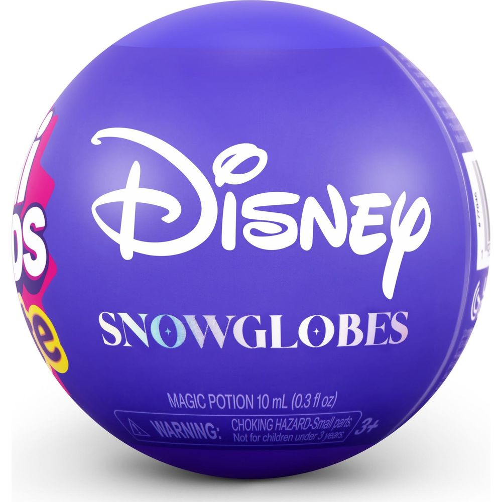 Una cápsula de juguete esférica morada de Disney Snowglobes con el logotipo de Disney en blanco.