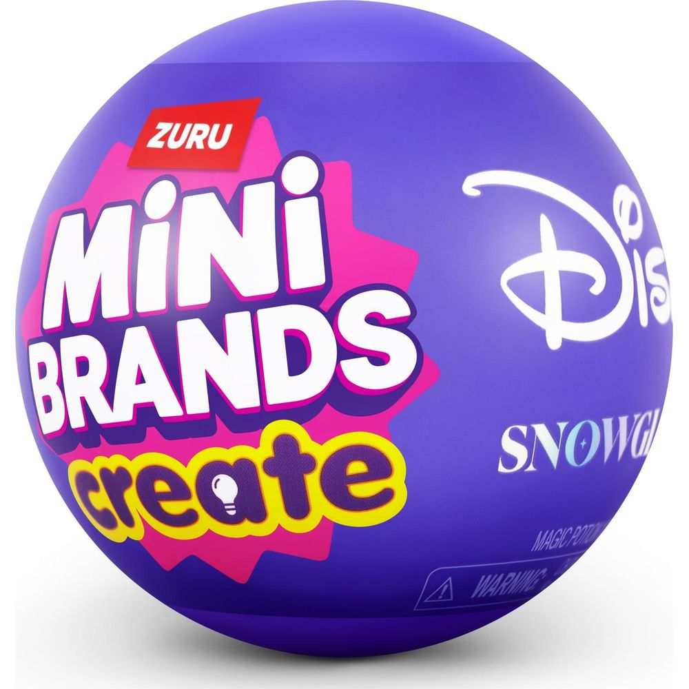 Bola de juguete morada Zuru Mini Brands Create Disney con texto de logotipo blanco y rosa.