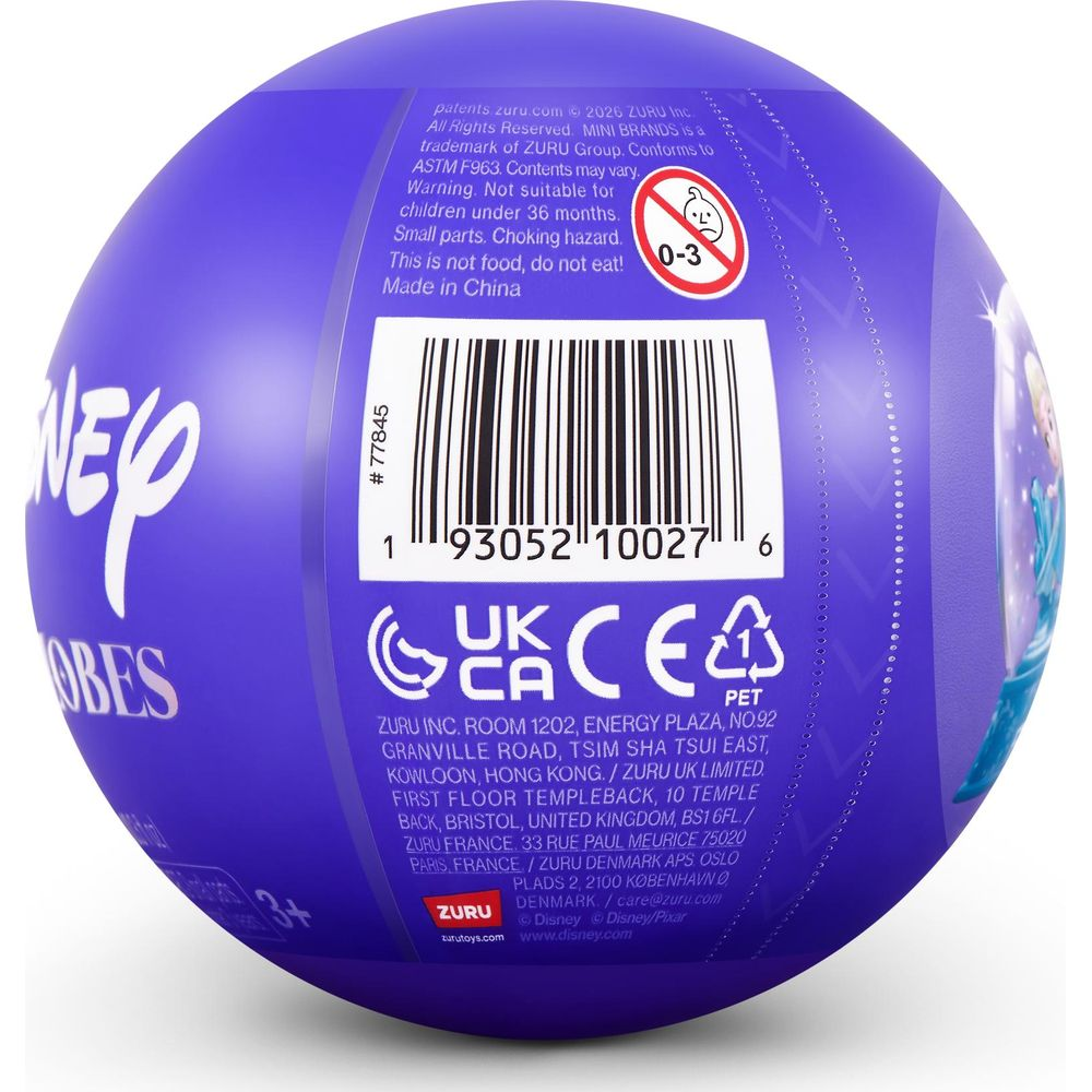 Esfera morada con un código de barras, advertencias y texto del fabricante.
