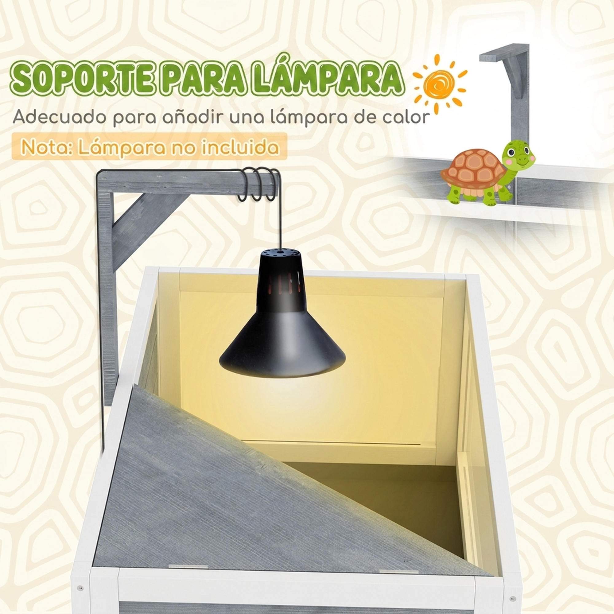 Soporte de madera gris para lámpara sobre un terrario con lámpara colgante negra y texto en fondo amarillo.